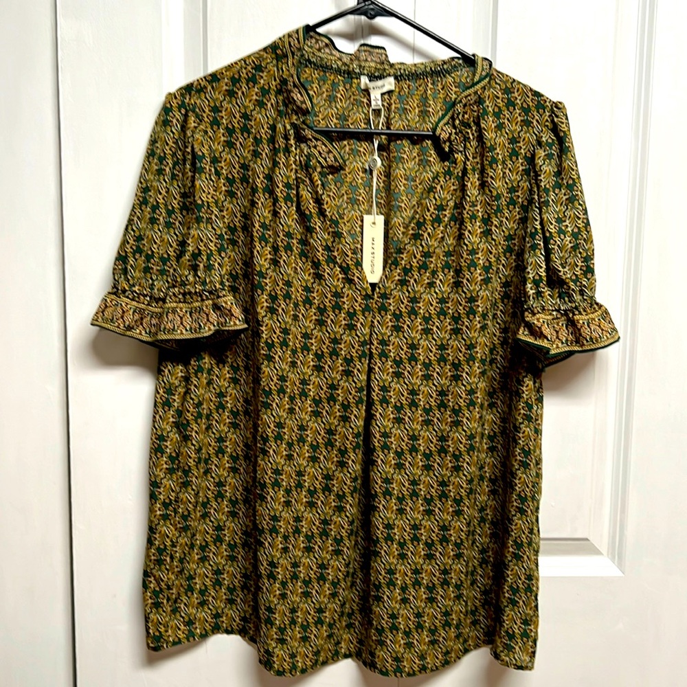 Max Studio Green Tan Bow Print V Neck Sheer Top Size L NWT